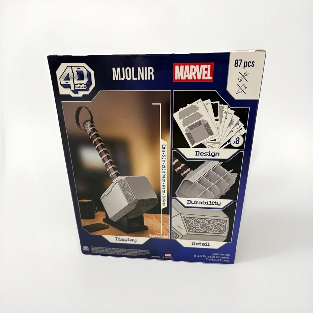 Spinmaster 4D Build Marvel Mjolnir Thor Hammer 3D Puzzle Model Kit w/Stand 87Pcs